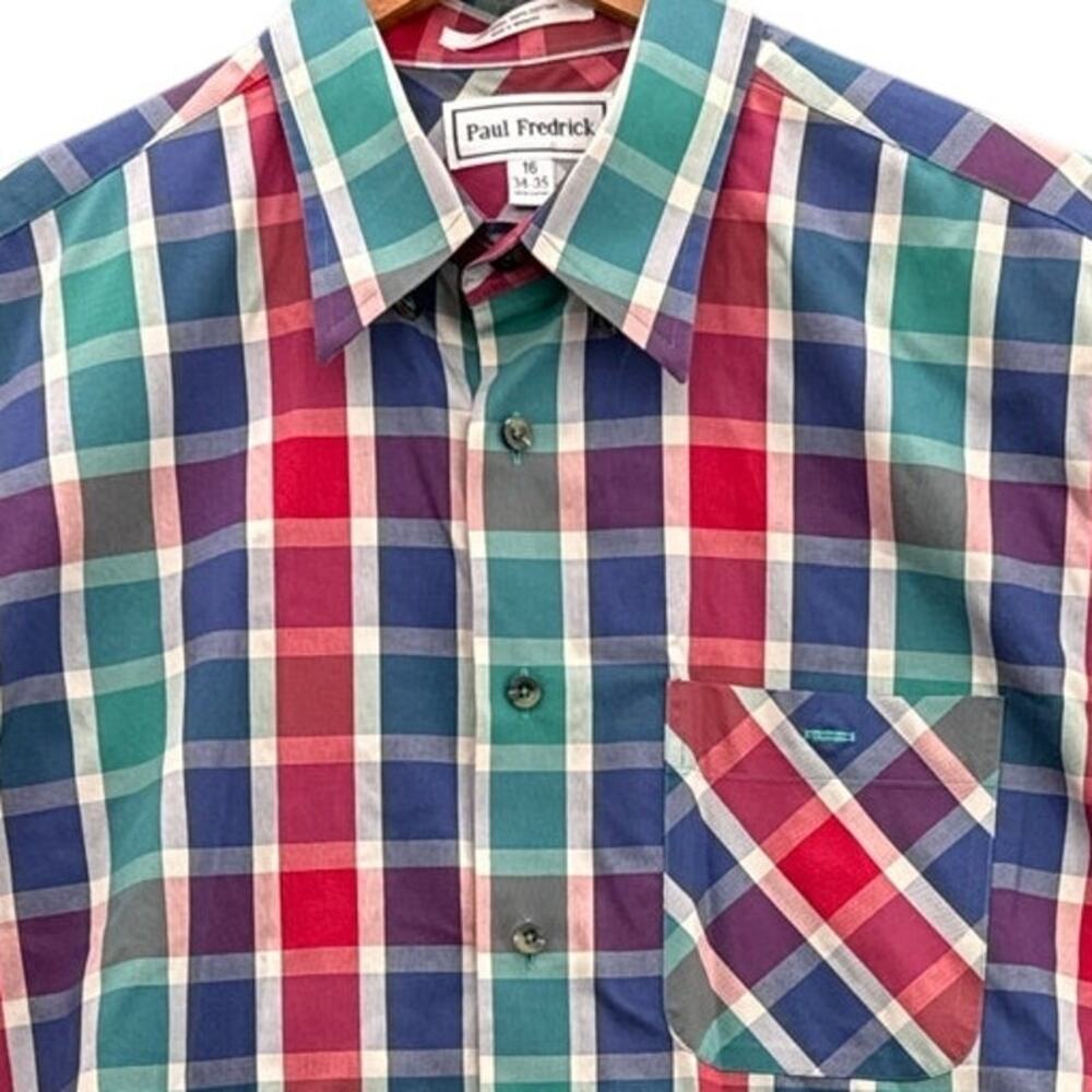 Paul Fredrick Vintage Red Blue Plaid Button Up Dress Shirt Men 16 34/35